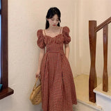 PICSGIRL  -  Summer New Age-reducing French Square Collar Vintage Plaid Dress Luxury Designer Bubble Sleeves Slim Elegant Causal Skirt