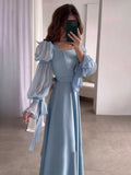 PICSGIRL -  Elegant Chiffon Satin Women Evening Dress 2024 Fashion Square Collar Belt Flare Sleeve Pleated Long Dresses Lady Gentle Skirts