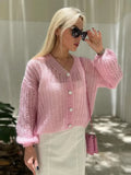 PICSGIRL  -  Fashion Sweet Pink Hollow Out Knitted Cardigan Women Casual Long Lantern Sleeves Single Breasted Sweater Lady Chic Knitwear