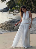 PICSGIRL  -  Fashion Pleated Long Skirts Set Women Sexy Sleeveless Backless Halter Tops High Waist Mermaid Skirt Vacation Beach 2 Pieces Sets