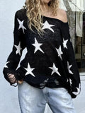 PICSGIRL  -  Street Stars Printed irregular Wide Collar Sweater Hot Girl Loose Thin Ripped Knit Sexy See Through Pullovers Long Sleeve