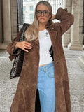 PICSGIRL  -  Fashion Solid With Belt Suede Long Jacket 2024 Women Chic Button Lapel Oversize Loose Overcoat Autumn Female High Street Coat