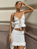 PICSGIRL  -  Summer Lace Slip Top Sexy Ruffle Skirt Suit Outfits Women's Sexy Slim Bandage Hot Girl Beach Holiday Two Pieces Set Lady