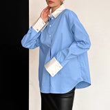 PICSGIRL  -  Blue And White Contrasting Casual Women's Shirt 2024 Spring Summer New French Lapel Cotton Long Sleeve Fashion Blouse Top Female