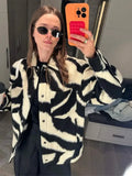 PICSGIRL  -  Women Elegant Zebra Printed Single Breasted Jacket Fashion Lapel Long Sleeves Loose Coat Autumn Chic Lady Commuting Outerwear