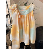 PICSGIRL  -  Tie-dye Print Lace-up Tank Top And Shorts Set Round Neck Summer Vest Shorts Yellow Vacation Casual Loose Women Outfits 2024 New