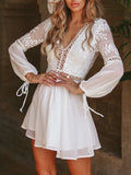 PICSGIRL  -  Long Sleeve Beach Dress Sexy White Backless Lace Dress Summer V-neck Elegant Women Hollow Out Short Dress Lace Up