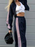 PICSGIRL  -  Color Contrast Sport Pants Sets Autumn New Long Sleeve Zipper Cropped Jacket+Elastic Waist Trouser Streetwear Casual 2 Piece Set