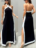 PICSGIRL  -  Casual Halter Patchwork Panelled Women Beach Dress Backless Sleeveless Hollow Out Side Split Female Dresses 2024 Chic Lady Robe
