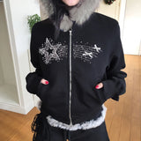 PICSGIRL  -  casual winter outfits Y2K Furry Hoodies Women Fashion Star Rhinestone Bow Patchwork Zipper Jacket Harajuku Grunge Hooded Coat Korean Girl