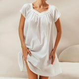 PICSGIRL  -  Women's Night Dress White Cotton Short Sleeve Sleepwear Female Loose Lace Patchwork Woman Dresses Solid Spring Casual