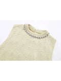 PICSGIRL  -  Spring Summer Fashion Pearls Decoration Ladies Knitted Short Vest Womens Elegant Jewelrys Collar Sleeveless Yellow Sweater Tops