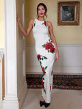 PICSGIRL  -  Elegant Print Contrast Color Long Dress Summer Women's New Slim High Waist Sleeveless Floral Slit Evening Dress Long Dress