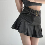 PICSGIRL  -  Denim Pleated Mini Skirt Vintage Sexy High Waist A-line Belt Women Embroidery Jean Short Skirt Summer Japanese Y2k