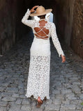 Picsgirl -  Fashion White Lace Hollow Out Maxi Dress for Women O Neck Backless Long Sleeve Bodycon Dresses Elegant Female Beach Holiday Robe