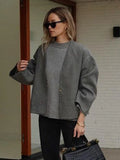 PICSGIRL  -  Woolen Coat Women Grey Autumn Winter Crop Overcoat Lady Elegant Fashion Long Sleeve Jacket Female Casual Loose V-Neck Coats