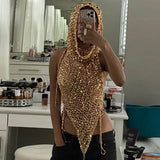 PICSGIRL  -  Sexy Hot Women 2 Piece Shiny Sequin Gold Hooded Tops Shorts Sets Hollow out Knitted Top High Waist Slim Shorts Two Piece Outfits