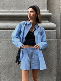 PICSGIRL  -  Blue Pocket Striped Shorts Sets Women Single Breasted Long Sleeve Blouse+Elastic Waist Casual Short Pant 2 Piece Set 2025 Spring