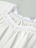 PICSGIRL  -  Women's Night Dress White Cotton Short Sleeve Sleepwear Female Loose Lace Patchwork Woman Dresses Solid Spring Casual