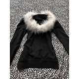 PICSGIRL  -  Slim Fit Comfortable Simplicity Black Sweatshirts Warm Basic Version Y2K Top Solid Zip Up Letter Printed Fur Collar Hoodie women