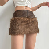 PICSGIRL  -   party look snspos Women Faux Leather Patchwork Furry Short Skirt Vintage Stylish High Street Mini Skirt Rave Outfits Lady Winter