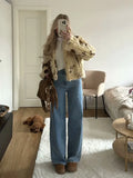 PICSGIRL  -  Women Fashion Faux Fur Printed Front Zipper Jackets Vintage Lapel Neck Long Sleeves Female Chic Lady Outfits