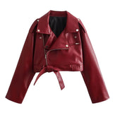 PICSGIRL -  Bandage Red PU Jackets For Women Fashion Zipper Turn Collar Lace Up Coat Womens Winter Street Casual Short Jacket Woman