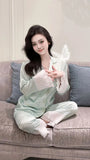 PICSGIRL  -  Lace Women's Pajama Set Silky Satin Two-piece Long Sleeve Button Shirt Pj Sets Loose Sleepwear Classic Loungewear Pijama Mujer