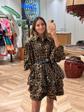 PICSGIRL -  Lady Elegant Leopard Print Lapel Cake Dress Chic Female Lantern Sleeves Waist Wrapped Dresses 2024 Spring Leisure Commuter Wear