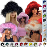 PICSGIRL  -  Luxury Fluffy Women Faux Fur Bucket Hats Oversized 17cm Wide Brim Thicken Outdoor Warm Plush Punk Hat Girl Y2k Female Ski Panama