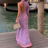 PICSGIRL  -  90s Vintage Crochet Deep V Open Back Mermaid Dress Elegant Lady One Sleeve Asymetric Long Dress Chic Women Ball Gown Vestidos