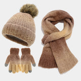 PICSGIRL  -  Winter Pompom Hat Scarf Glove Sets Tie-Dyed Knitted Beanies Plush Lining Thicken Bonnet Touch Screen Gloves Windproof Skiing Cap