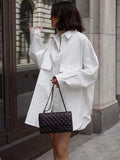 Picsgirl -  Striped Shirt Women White Lapel Tops Female Oversized Fashion Blouse Ladies Elegant Loose Single Breasted Long Sleeve Camisas