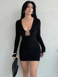 PICSGIRL  -  Sexy V Neck Mini Dress High Waist Patchwork Long Sleeve Bodycon Dresses Hot Girl Vacation Slim Party Elegant Dress Women