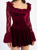 PICSGIRL  -  Chic Burgundy Lace Hollow Out Flared Sleeves Dress Fashion Women's Square Collar Backless Patchwork Dresses 2024 Lady Party Gown