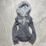 PICSGIRL  -  Y2k Fur Hooded Tops Grunge Letter Print Women Hoodies Y2k Vintage Sweatshirts Streetwear Zipper Coats Casual Fluffy Warm Jackets