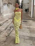 PICSGIRL  -  Yellow Lace Maxi Dress Women Fashion Spaghetti Strap Long Evening Party Dresses Sexy See Through Club Night Summer Dress 2024