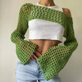 PICSGIRL  -  Long Sleeve Crochet Top 2024 Summer New Womens Knitted Crop Top Knitted Mesh Top Green Openwork Beach Smock Y2k Streetwear