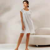 PICSGIRL  -  Women's Night Dress White Cotton Short Sleeve Sleepwear Female Loose Lace Patchwork Woman Dresses Solid Spring Casual