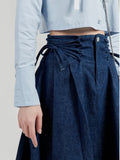 PICSGIRL  -  Vintage Denim Skirt Women Korean Fashion High Waist A-line Folds Bandage Long Jeans Skirt Autumn Winter Elegant