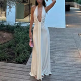 PICSGIRL  -   party look snspos White Deep V Halter Neck Long Dress Women's Sexy Bandage Patchwork Sleeveless Party Dress Slim Hollow Backless Dress