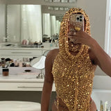 PICSGIRL  -  Sexy Hot Women 2 Piece Shiny Sequin Gold Hooded Tops Shorts Sets Hollow out Knitted Top High Waist Slim Shorts Two Piece Outfits