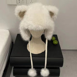 PICSGIRL  -  Winter Bear Ears Hat with Strap Pompom Women Fluffy Fur Fleeze Ear Protection Beanies Outdoor Windproof Cold Warm Plush Bonnet