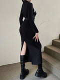 Picsgirl  Black Maxi Dress Women Sexy Punk Style Split Bandage Bodycon Dress Female Autumn Long Sleeve Turtleneck Party Club Long Dresses