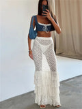 PICSGIRL  -  Ruffled Lace See-Through Long Skirt For Women High Waist Slim Hollow Out Summer 2024 Patchwork Fashion Maxi Skirt Female