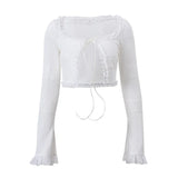 PICSGIRL  -  Y2k Knit Splice White 2 Piece Sets Women Outfit Sexy Long Sleeve Tops and Mini Tiered Skirts Suits 2024 Summer Nightclub Wear