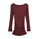 PICSGIRL  -  Autumn/winter New Round Neck Long Sleeve Dress Women Cinching Waist Wrap Hip Solid Slim Pleated Knitted Short Dress