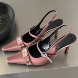 PICSGIRL  -  Rivet High Heeled Sandals Women Fashion Satin Elegant Party Slingback Sandals Women Summer Pointed Toe Pumps Office Muller Heels