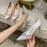 PICSGIRL  -  Rhinestone Satin Pointed Toe Pumps Women Fashion Elegant High Heels Women Stiletto Heel Luxury Crystal Shine Wedding Dress Shoes