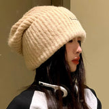 PICSGIRL  -  Knitted Heap Heap Beanie Hat for Women Solid Leather Label Pullover Cap Winter Thickened Warm Woolen Hats Outdoor Cycling Bonnet